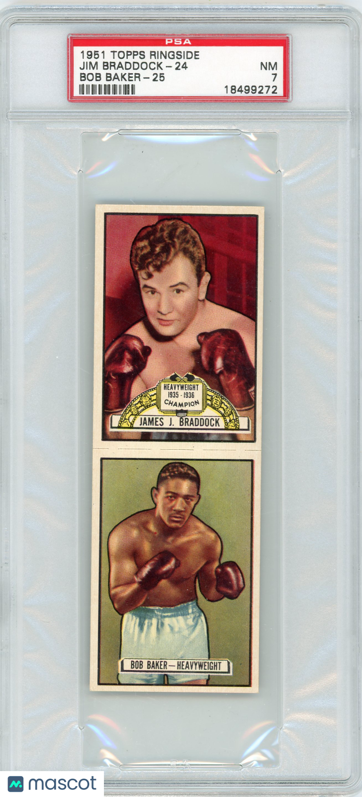 072b2a60-d35c-4f14-9c23-9ad3ccdc0dd8-watermark-V2 1951 Topps Ringside Jim Braddock-24 Bob Baker 25 FULL PANEL PSA 7 - Image 1
