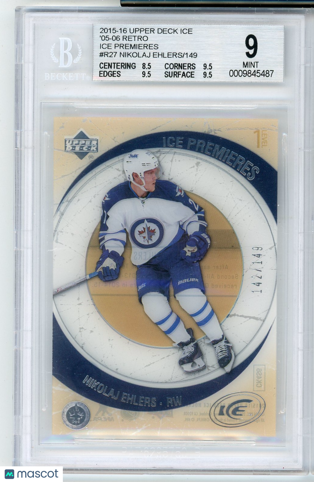 36d2cbdc-9e1e-4697-b587-1cb3338af8c7-watermark-V2 2015 Upper Deck Ice '05-06 Retro Ice Premieres Nikolaj Ehlers #R27 /149 BGS 9 - Image 1