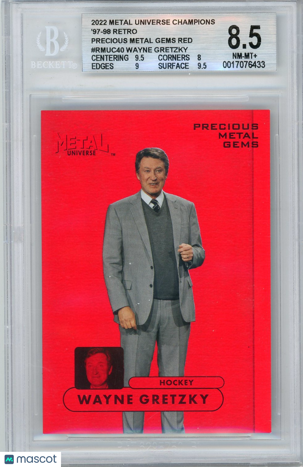 539e4125-c3a4-4f4b-813e-8d54a6bec43e-watermark-V2 2022 Skybox Metal Universe Champions '97-98 Retro Precious Metal Gems Red Wayne Gretzky #RMUC40 BGS 8.5 - Image 1