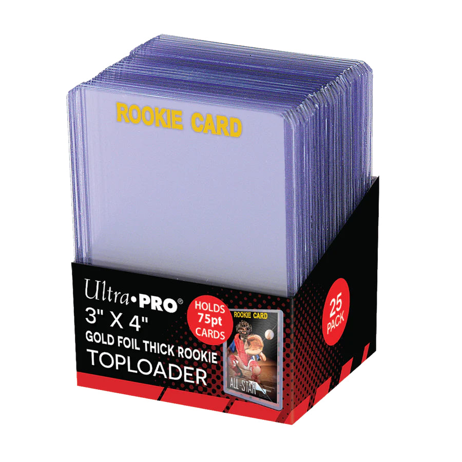 81766_Display_TL_75pt_GoldFoilRookie_Thick_png Ultra Pro 3" x 4" Rookie Gold Thick 75PT Toploaders (25ct) - Image 1