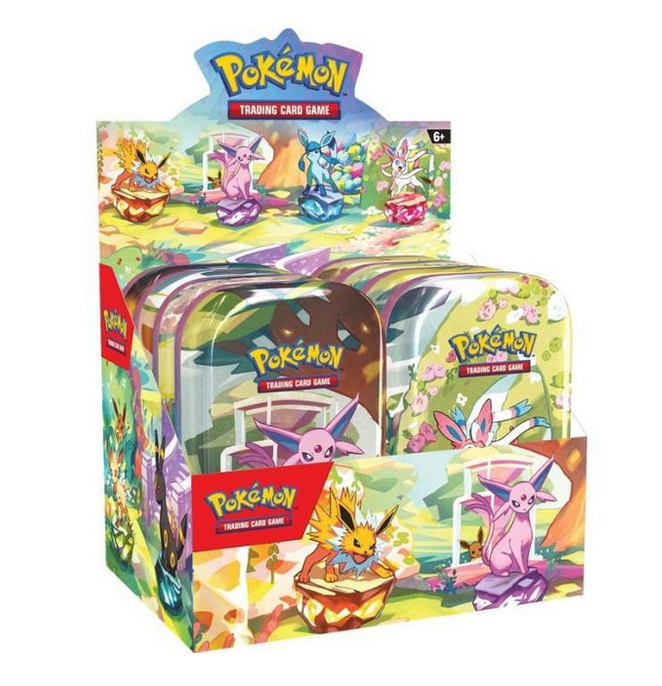 PokemonScarletandVioletPrismaticEvolutions8-TinDisplay1 Pokemon Scarlet and Violet Prismatic Evolutions 8-Tin Display - Image 1