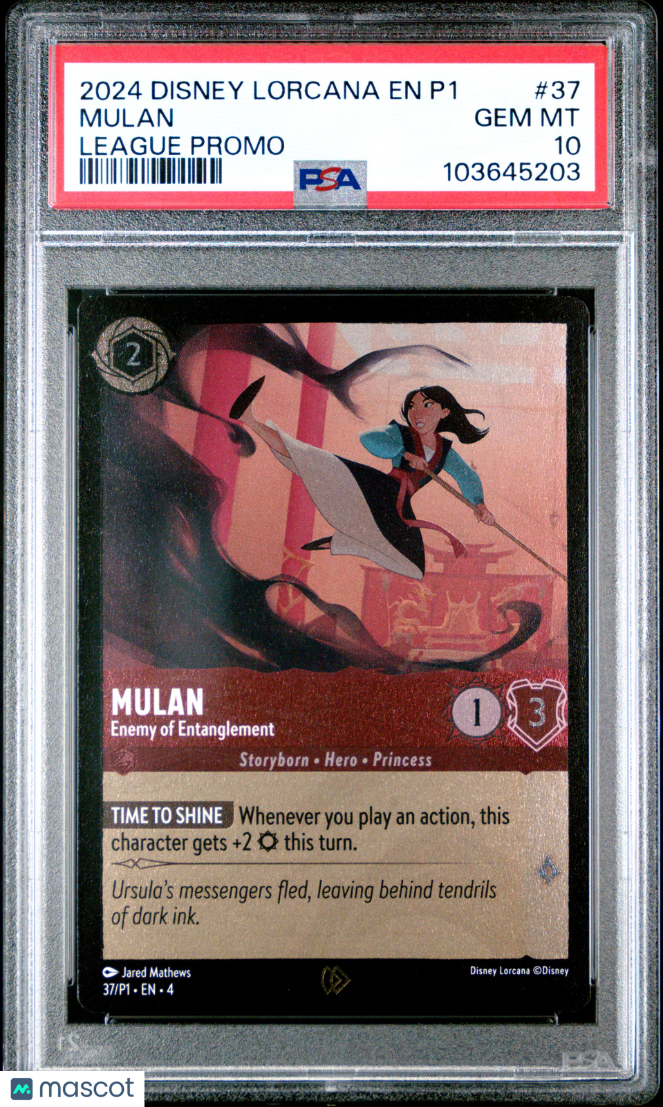 front-watermark-V2_02808621-034a-4a4e-a480-1fa79a7c85cc Disney Lorcana TCG Mulan #37 League Promo PSA 10 - Image 1