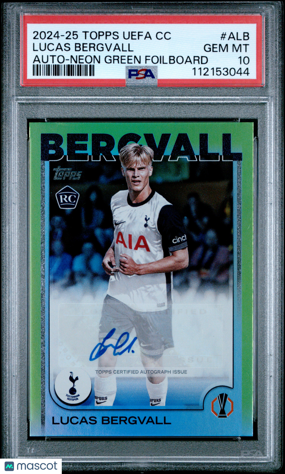 front-watermark-V2_090505e8-4bc9-4921-9a7b-150089d94df4 2024-25 Topps UEFA Club Competitions Auto Lucas Bergvall #ALB Green Foil PSA 10 - Image 1