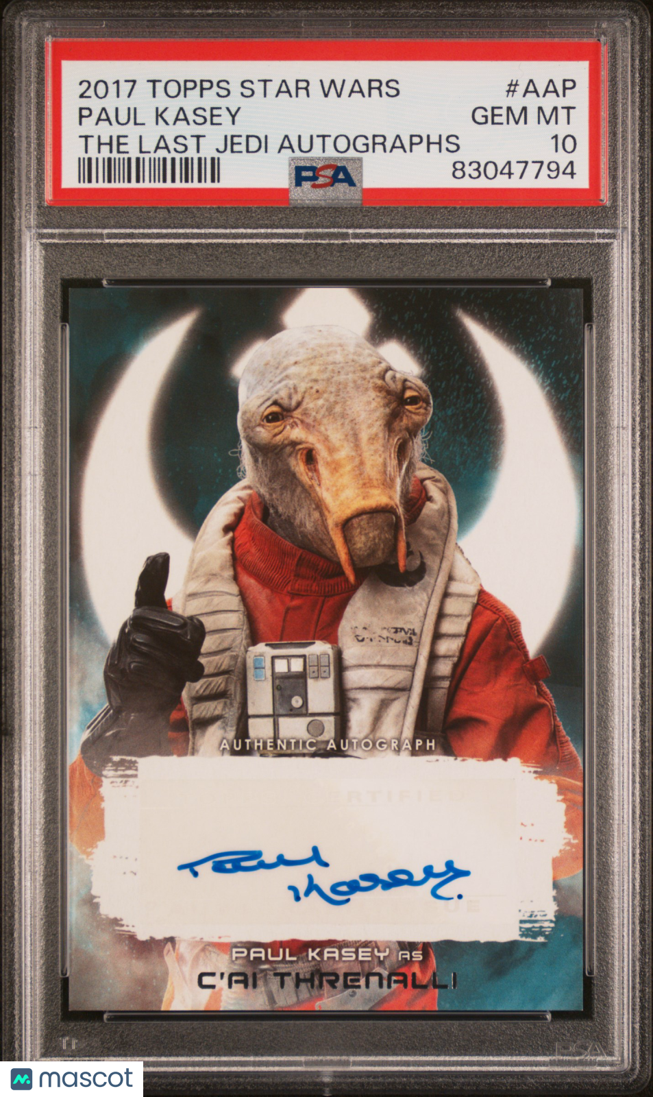 front-watermark-V2_1807c2d7-02bb-4430-ba06-eefa01e53d06 2017 Topps Star Wars The Last Jedi Autographs Paul Kasey #AAP PSA 10 - Image 1