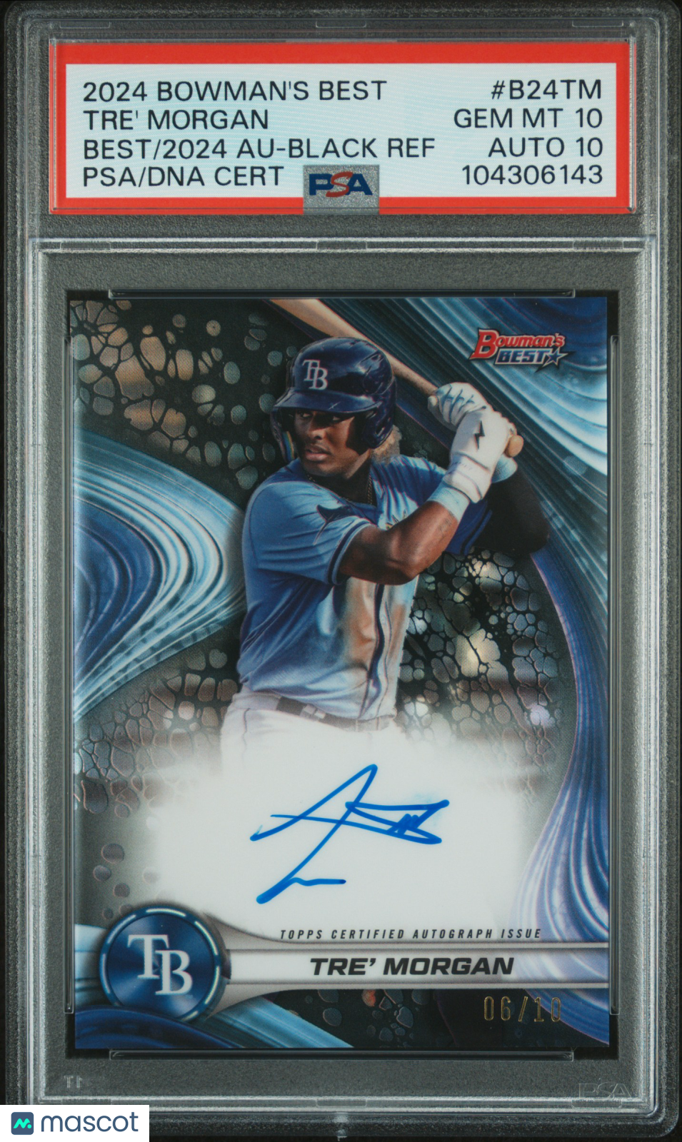 front-watermark-V2_29a607c2-ebc5-46bc-a60f-3ad79e84e554 2024 Bowman's Best Best Of 2024 Autographs Tre' Morgan #B24TM 06/10 PSA 10 - Image 1