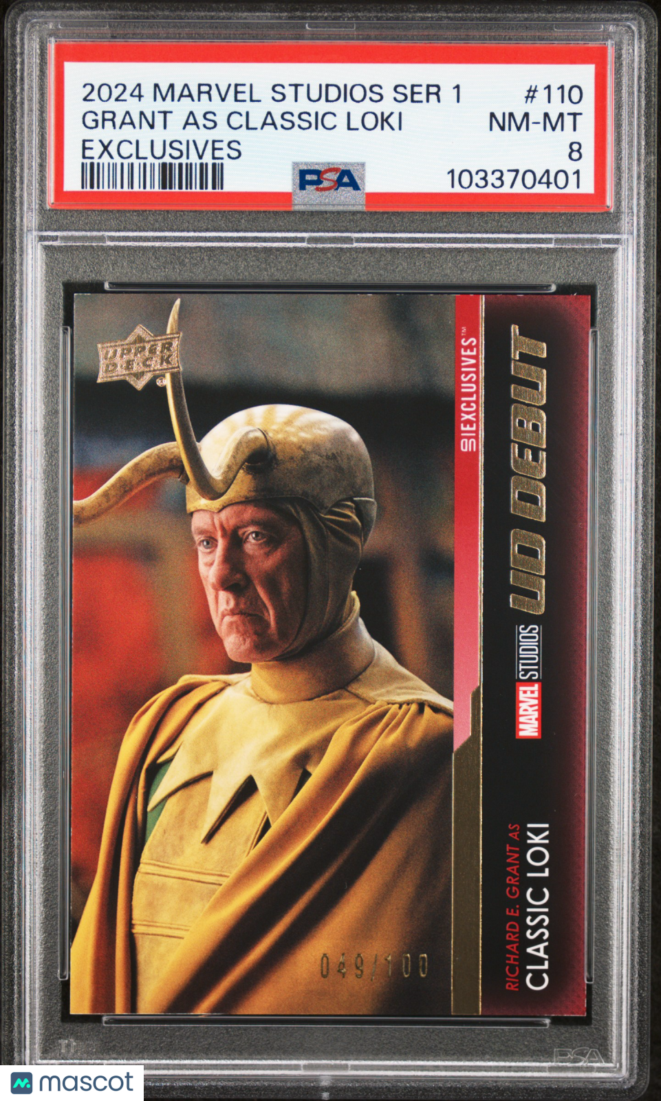 front-watermark-V2_3076ee39-f412-4d95-b433-de169851cb49 2024 Upper Deck Marvel Studios Series 1 Grant As Classic Loki #110 PSA 8 - Image 1