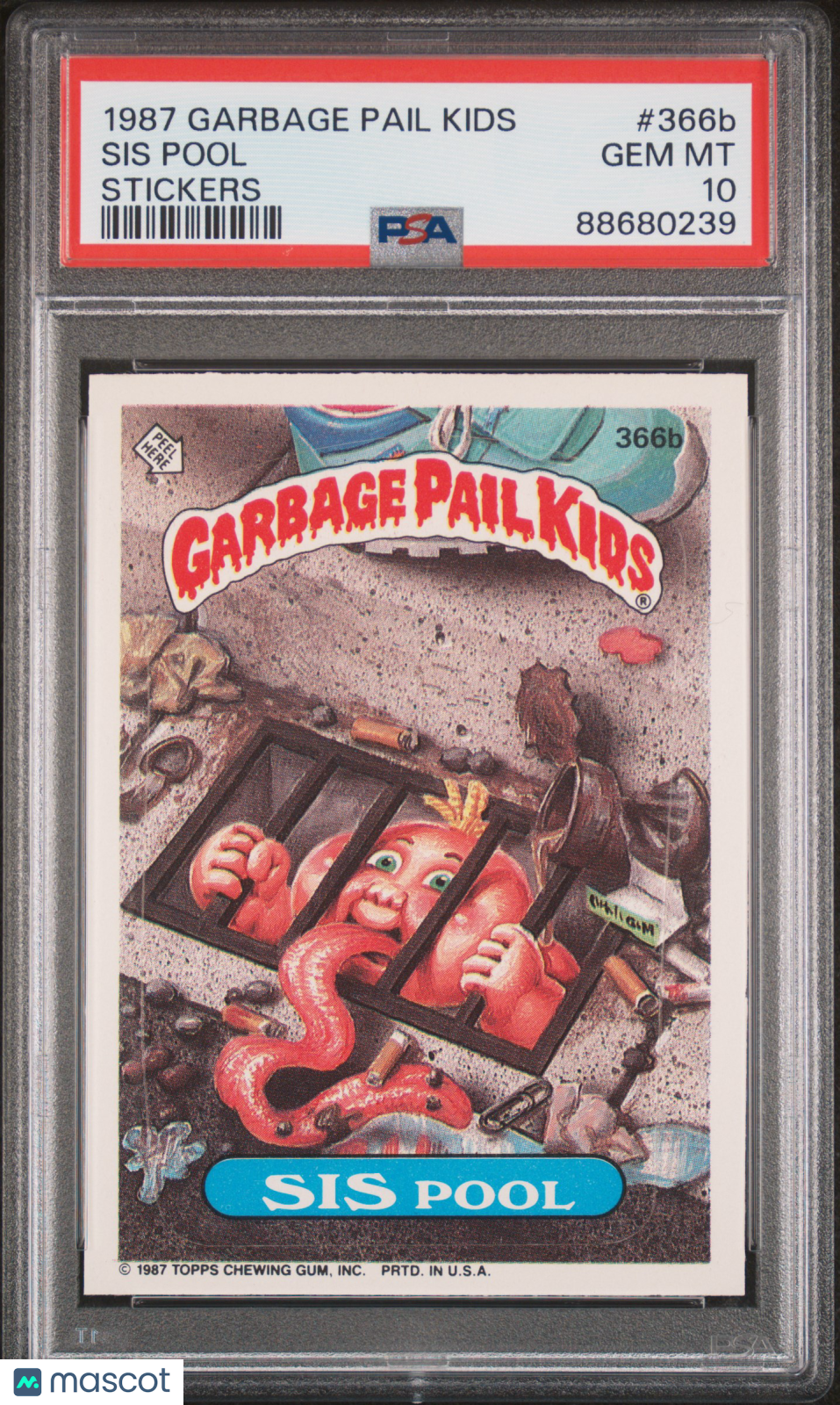 front-watermark-V2_3238c2d6-4f6a-4e16-8cff-29fe9fedee8b 1987 Garbage Pail Kids Stickers Sis Pool #366b PSA 10 - Image 1