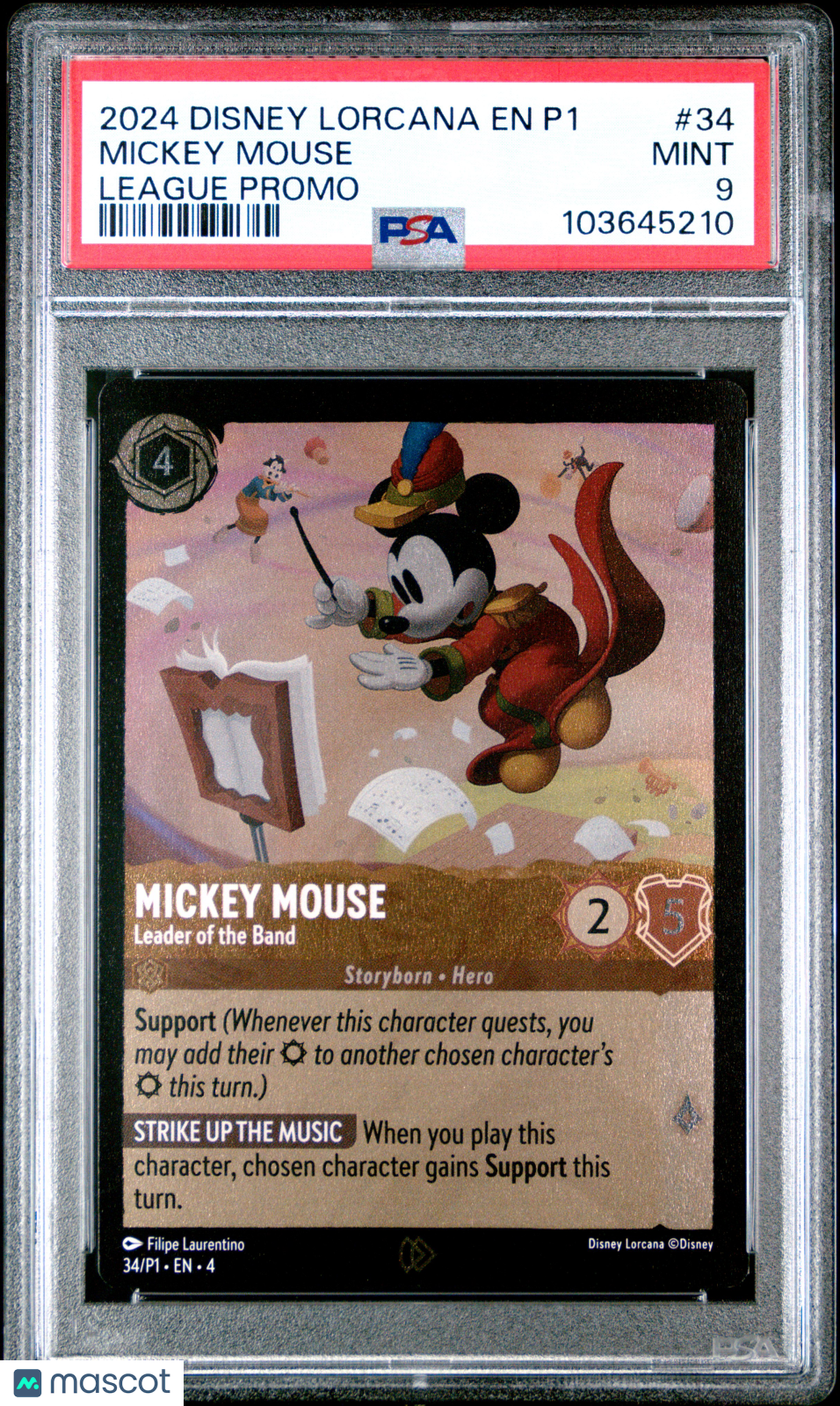 front-watermark-V2_328d8e5b-b95e-467c-85c7-f697a916318f Disney Lorcana TCG Mickey Mouse #34 League Promo PSA 9 - Image 1