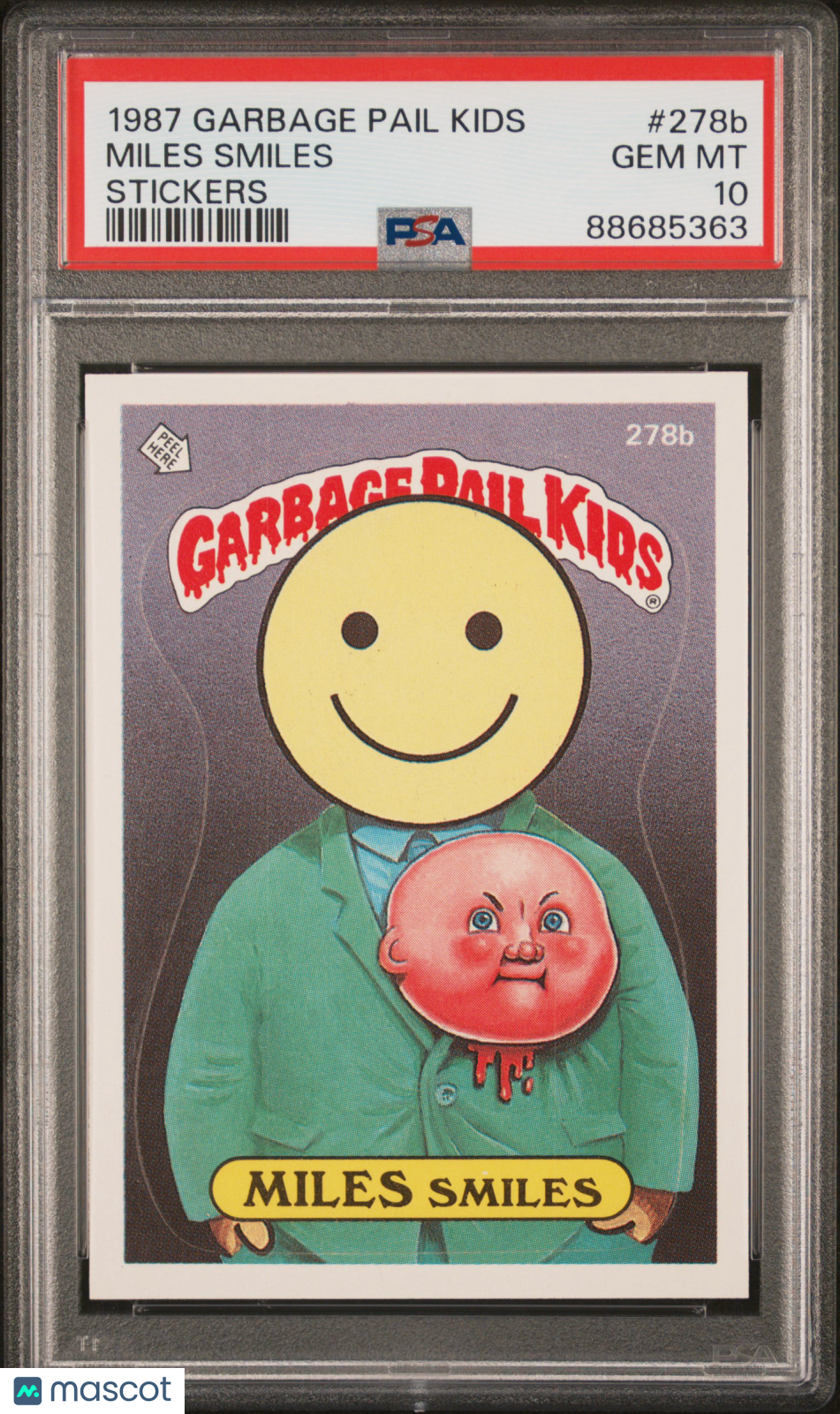 front-watermark-V2_4337a436-da49-4eff-b9de-8bb67f6ea096 1987 Garbage Pail Kids Stickers Miles Smiles #278b PSA 10 - Image 1