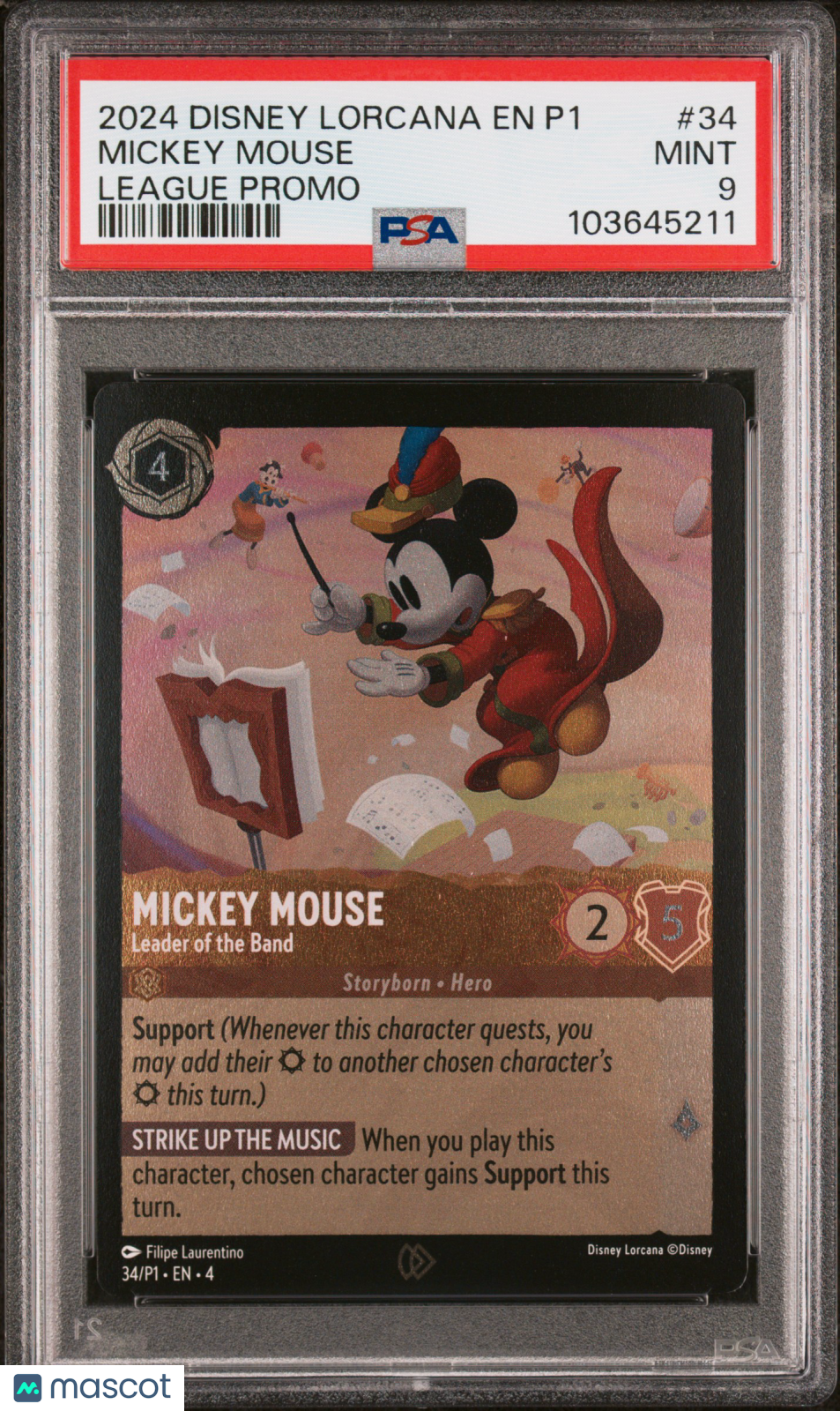 front-watermark-V2_4e6fb9bf-bf5c-4d22-ae32-67c3f7501841 Disney Lorcana TCG Mickey Mouse #34 League Promo PSA 9 - Image 1