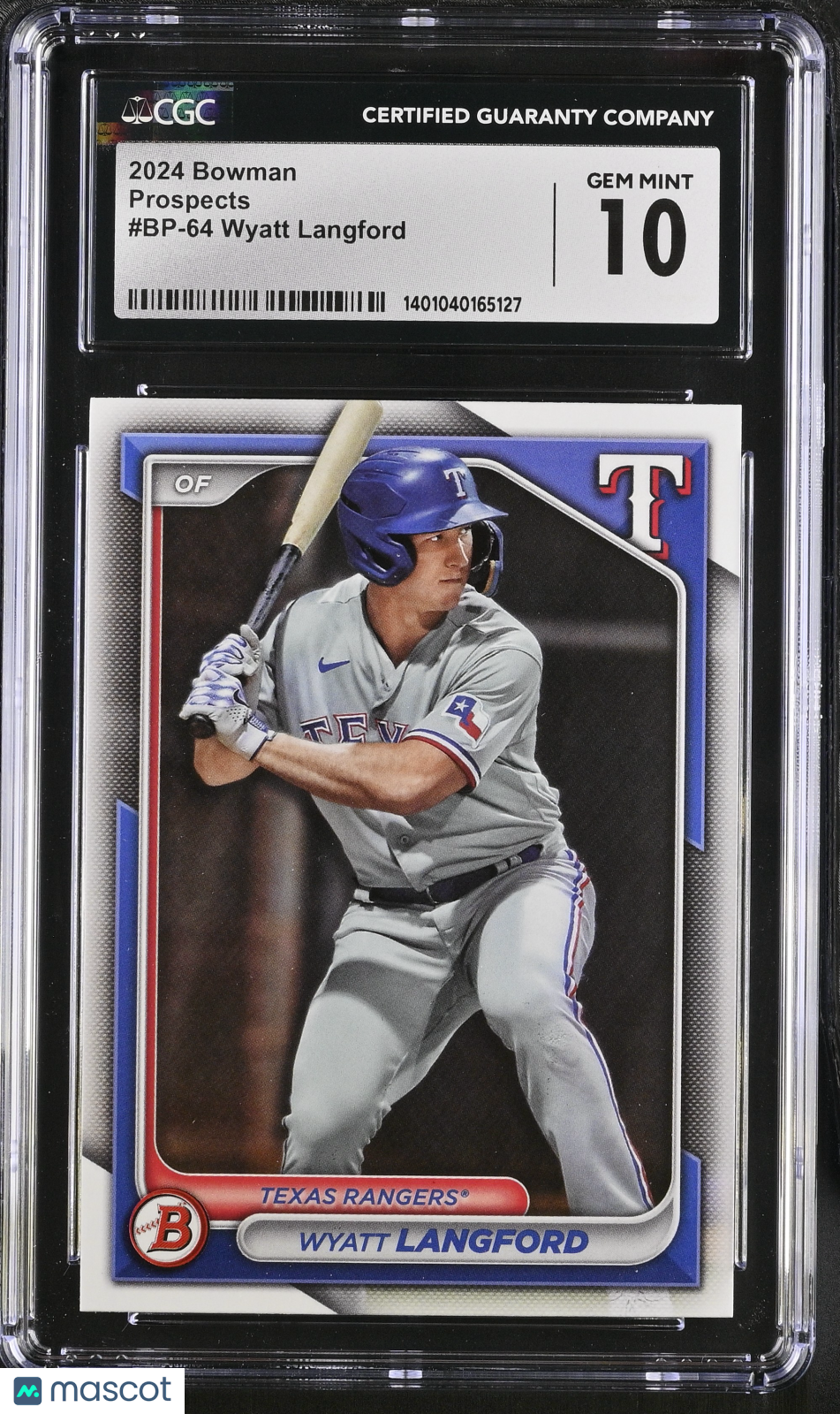 front-watermark-V2_5ac99514-75c9-429f-8dfc-88a3dec7ee4b 2024 Bowman Wyatt Langford #BP-64 Prospects CGC 10 - Image 1