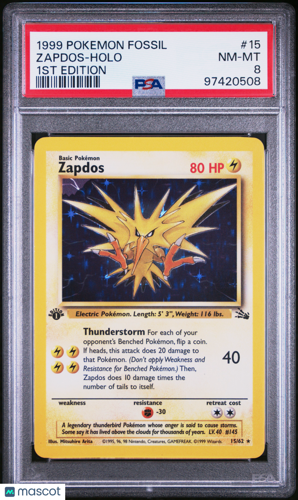 front-watermark-V2_5bd7e380-f47d-4606-8e11-787093028361 Pokemon TCG Zapdos #15 1ST Edition PSA 8 - Image 1
