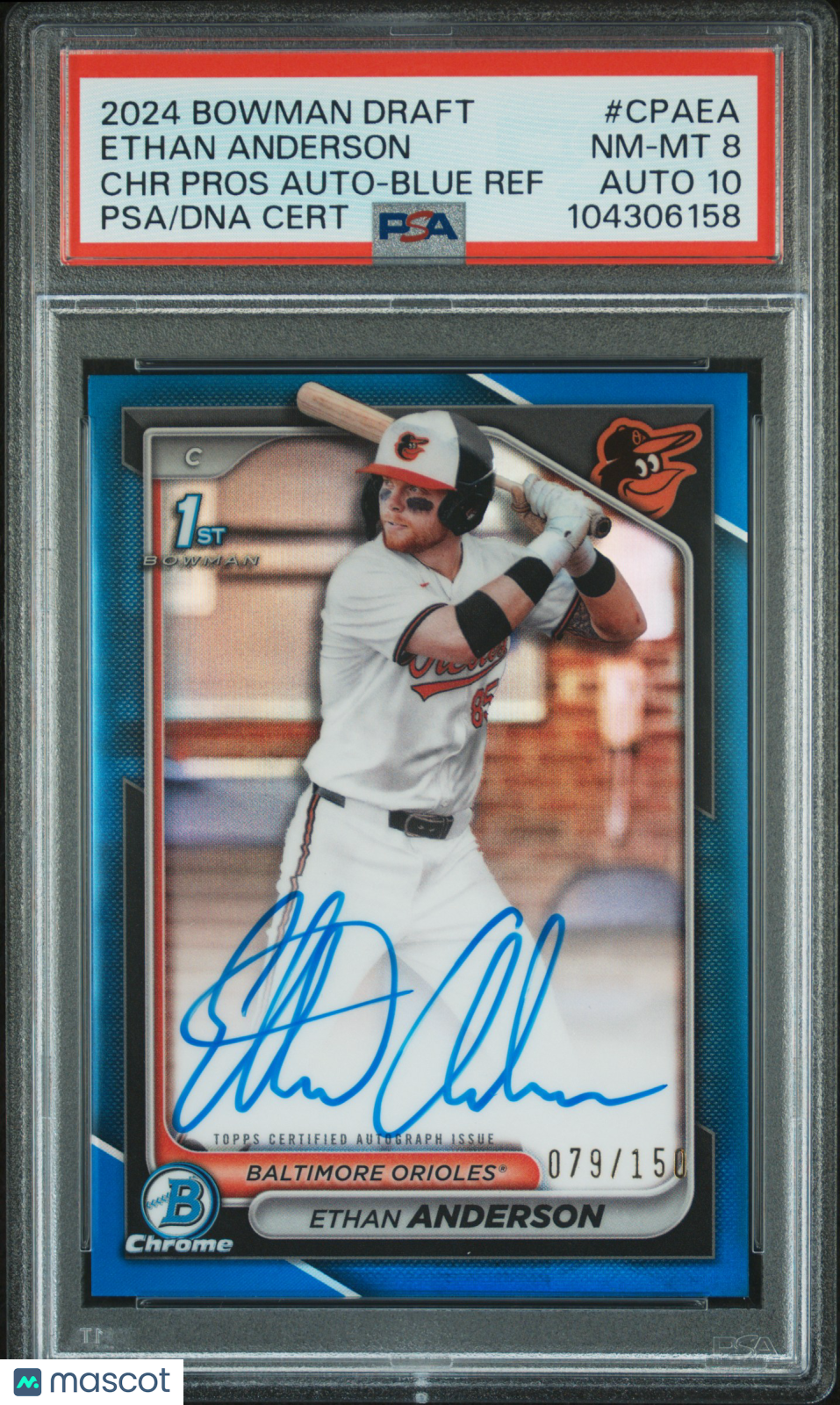 front-watermark-V2_64e7b7dc-b35c-4f5a-bdce-500a16af84fd 2024 Bowman Draft Chrome Prospect Autographs Ethan Anderson #CPAEA 079/150 PSA 8 - Image 1