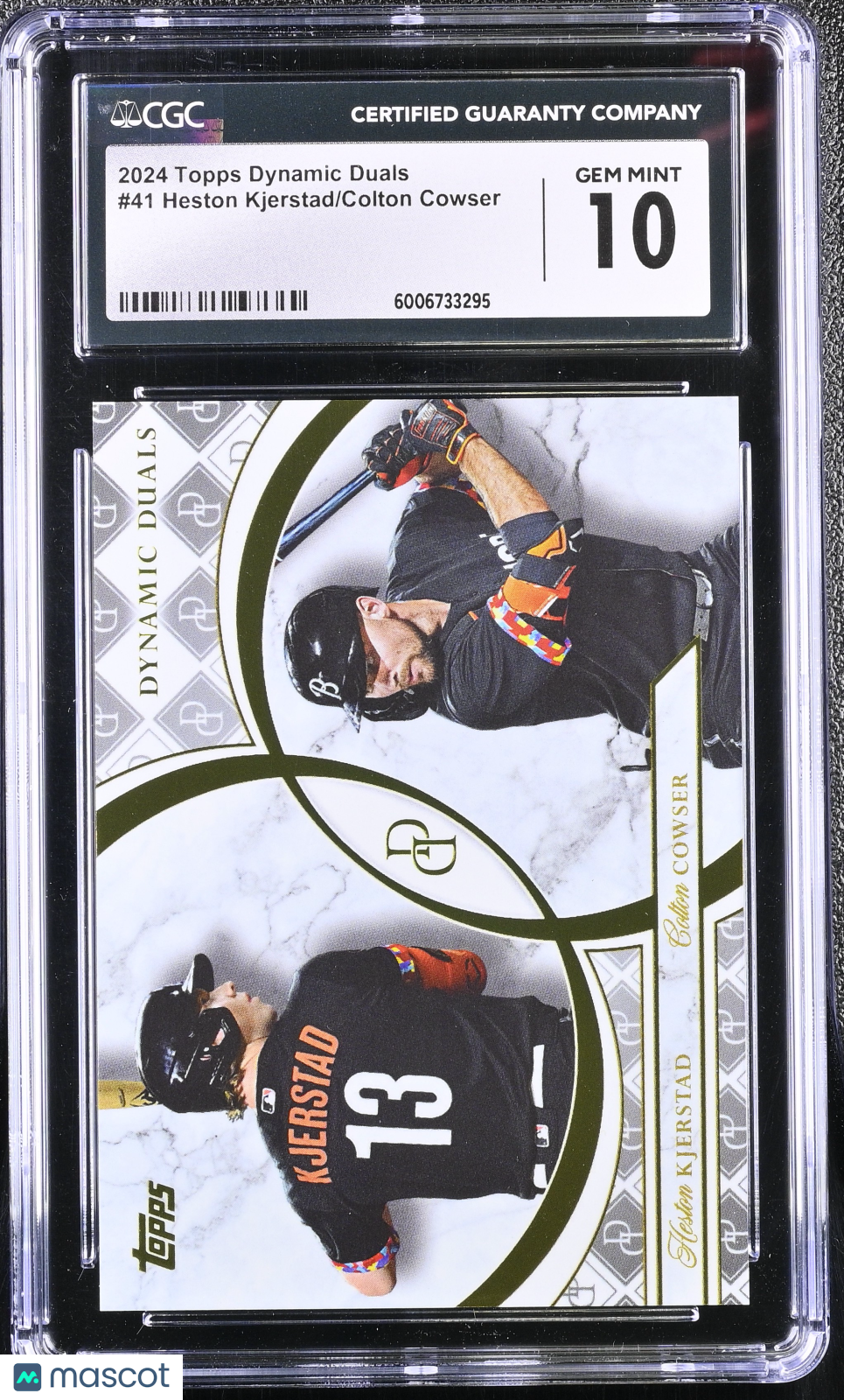 front-watermark-V2_6a0a5e16-8cc6-48f4-91b2-c9b8df979e1a 2024 Topps Dynamic Duals Heston Kjerstad/Colton Cowser #41 CGC 10 - Image 1