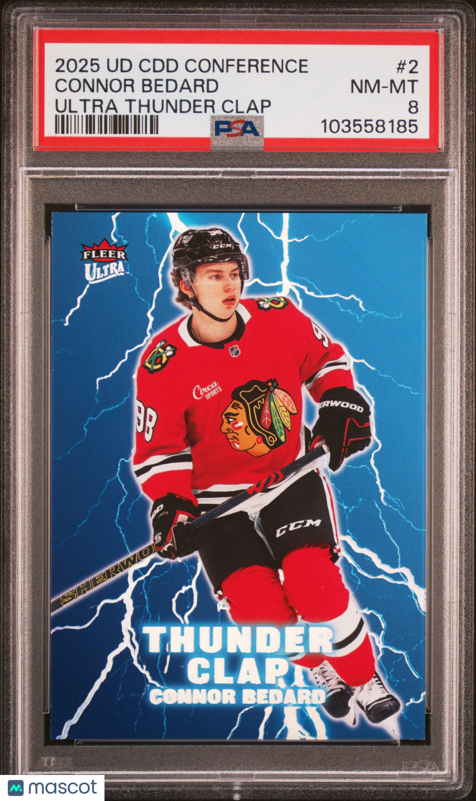 front-watermark-V2_6a7d8c4e-aed6-41a3-aa73-eb127b76abe9 2025 Upper Deck Certified Diamond Dealer Promos Connor Bedard #2 PSA 8 - Image 1