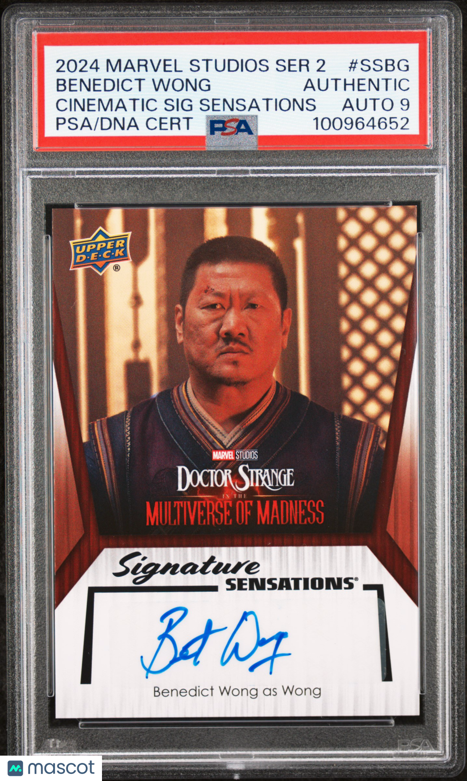 front-watermark-V2_6b26926a-65d1-4f5e-a4e9-2126cb088b4e 2024 Upper Deck Marvel Studios Series 2 Cinematic Signatures Sensations Benedict Wong #SSBG PSA A - Image 1