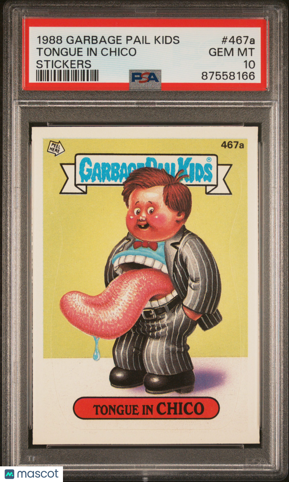 front-watermark-V2_732ba697-c118-496e-8141-c537147ec8c4 1988 Garbage Pail Kids Stickers Tongue In Chico #467a PSA 10 - Image 1