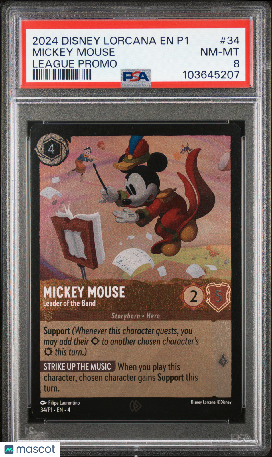 front-watermark-V2_754f4f23-14ad-4371-9422-a2d2f31fc7f5 Disney Lorcana TCG Mickey Mouse #34 League Promo PSA 8 - Image 1