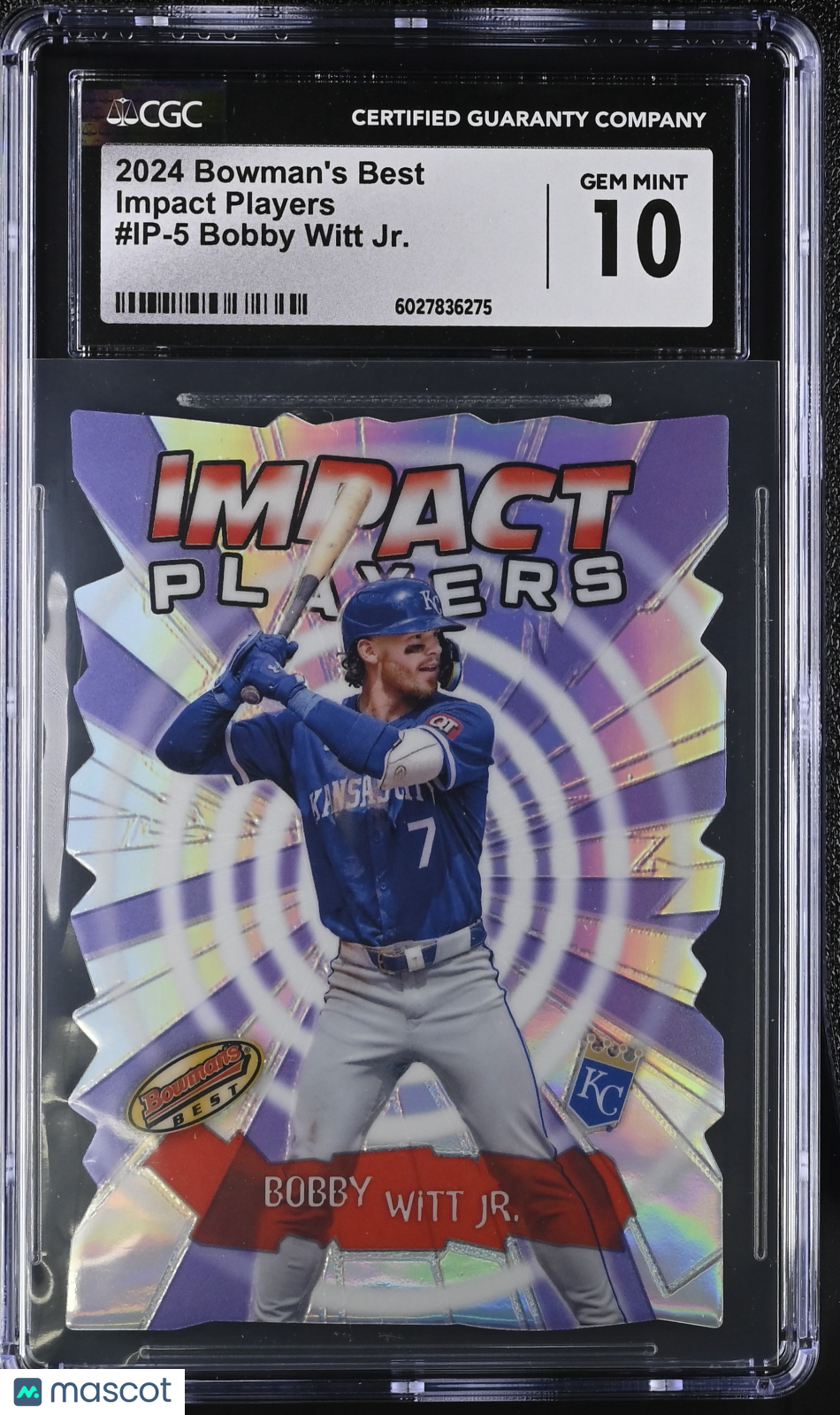 front-watermark-V2_79999b64-07eb-4fc9-8b3a-6f5cd573848f 2024 Best Bobby Witt Jr. #IP-5 Impact Players CGC 10 - Image 1