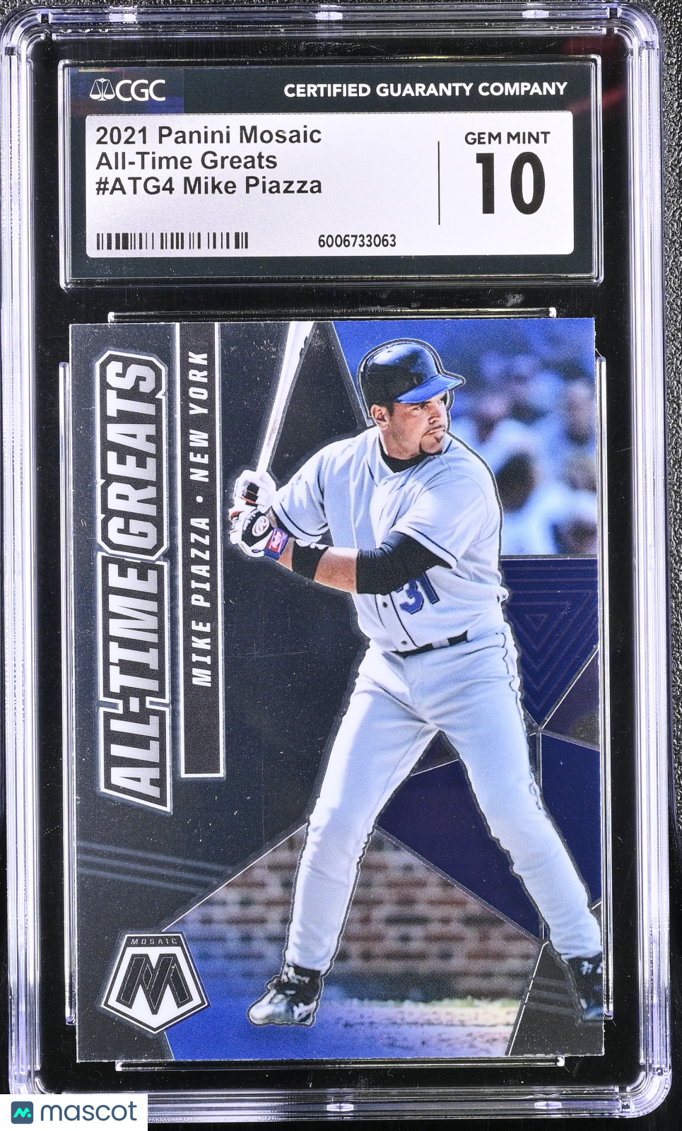 front-watermark-V2_82c737a6-f9d3-4408-aee7-42e6da45cce7 2021 Panini Mosaic Mike Piazza #ATG4 All-Time Greats CGC 10 - Image 1
