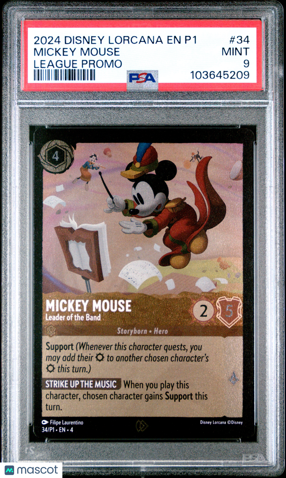 front-watermark-V2_87481c23-a6b2-4e23-b0db-d40569855367 Disney Lorcana TCG Mickey Mouse #34 League Promo PSA 9 - Image 1