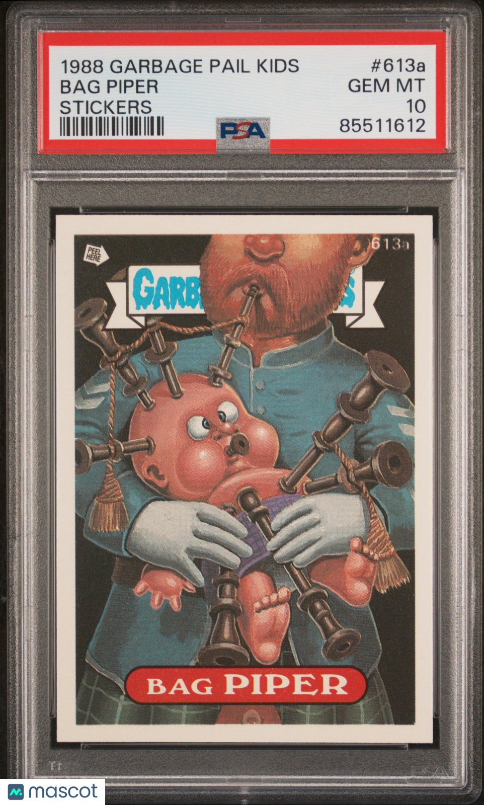 front-watermark-V2_8dd8e576-3226-4882-a3b4-7f1b14854b42 1988 Garbage Pail Kids Stickers Bag Piper #613a PSA 10 - Image 1
