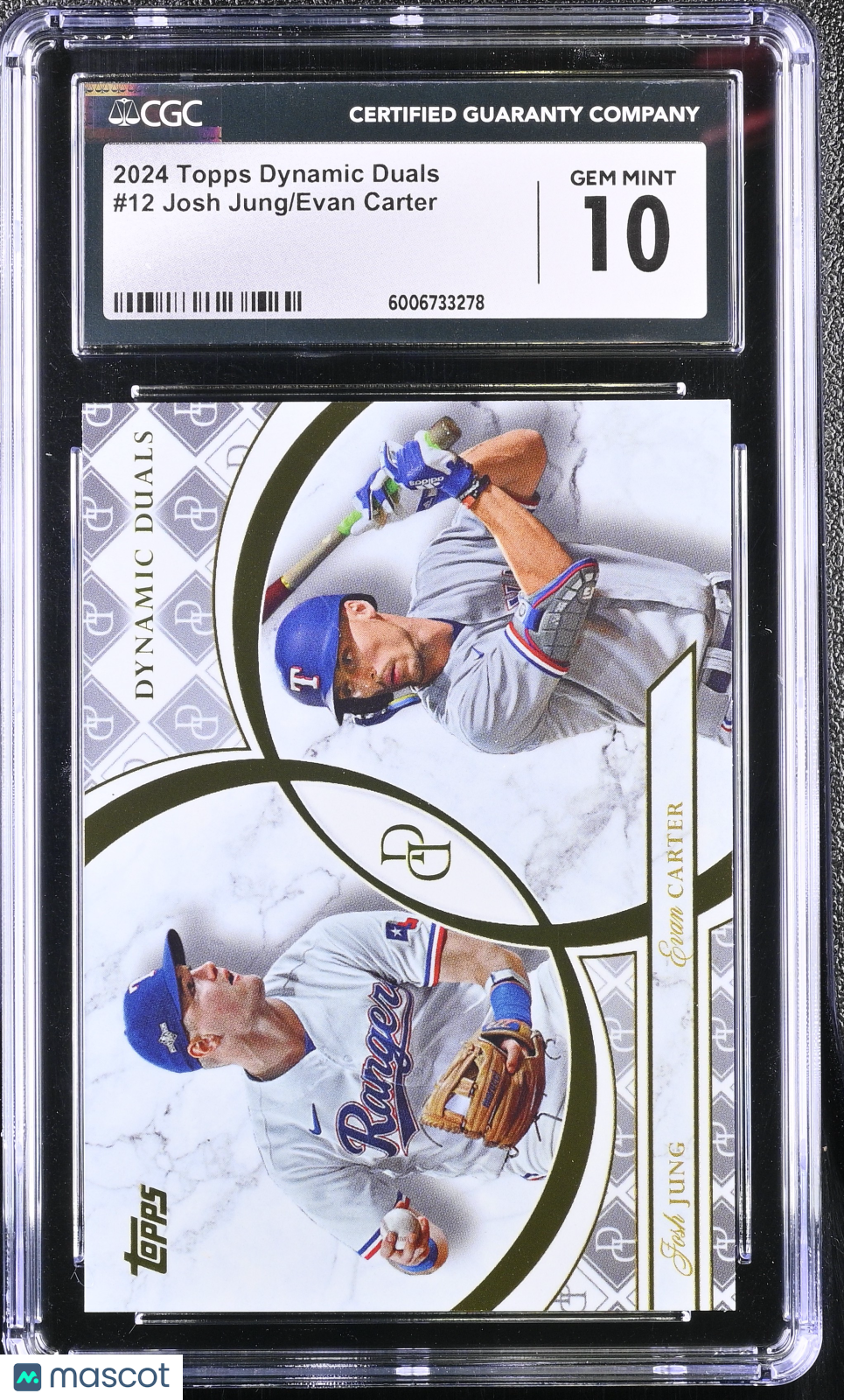 front-watermark-V2_954b9fc7-75ee-46e7-a76e-ea967befe0e4 2024 Topps Dynamic Duals Josh Jung/Evan Carter #12 CGC 10 - Image 1