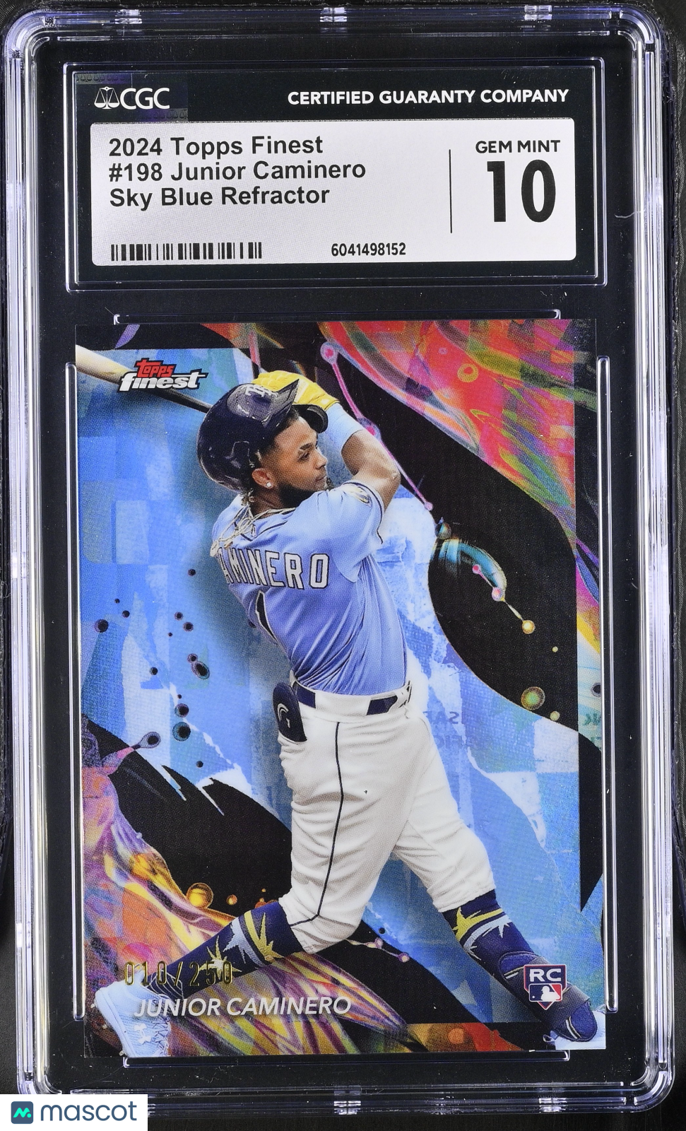 front-watermark-V2_9a5e4956-d21b-4404-aeca-a798f37ca9eb 2024 Topps Finest Junior Caminero #198 Sky Blue Refractor CGC 10 - Image 1