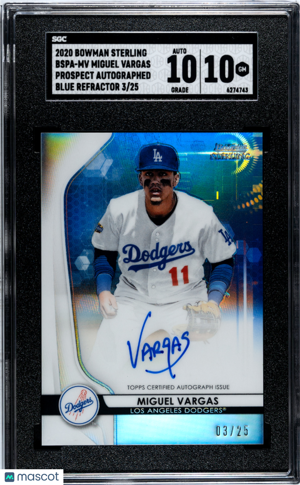 front-watermark-V2_9b2f15e0-2899-47e6-82be-0efb63a04f96 2020 Bowman Sterling Miguel Vargas #BSPA-MV Prospect Autograph Blue Refractor SGC 10 Auto 10 - Image 1