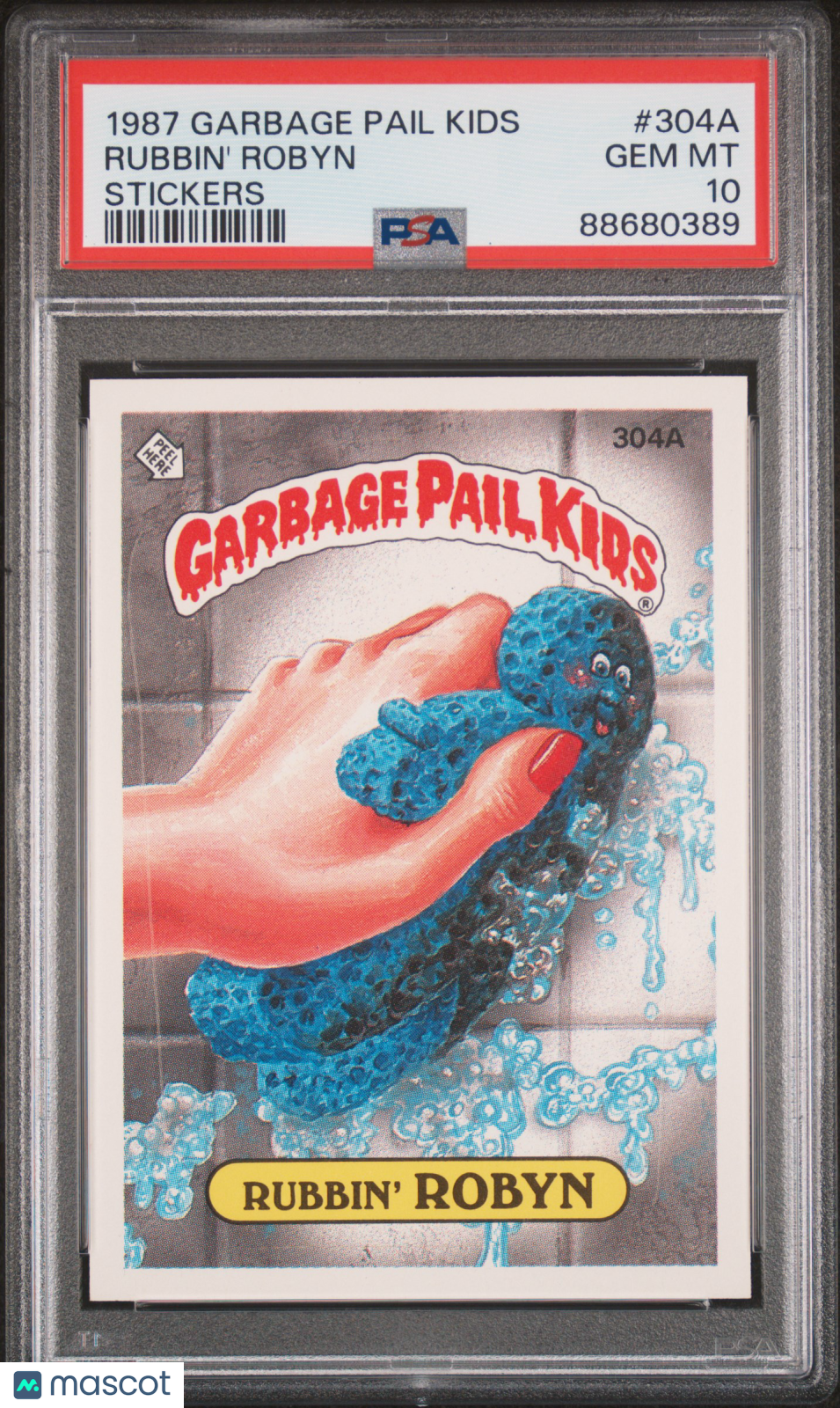 front-watermark-V2_a147d829-e554-4685-9cea-e3e243d36270 1987 Garbage Pail Kids Stickers Rubbin' Robyn #304A PSA 10 - Image 1