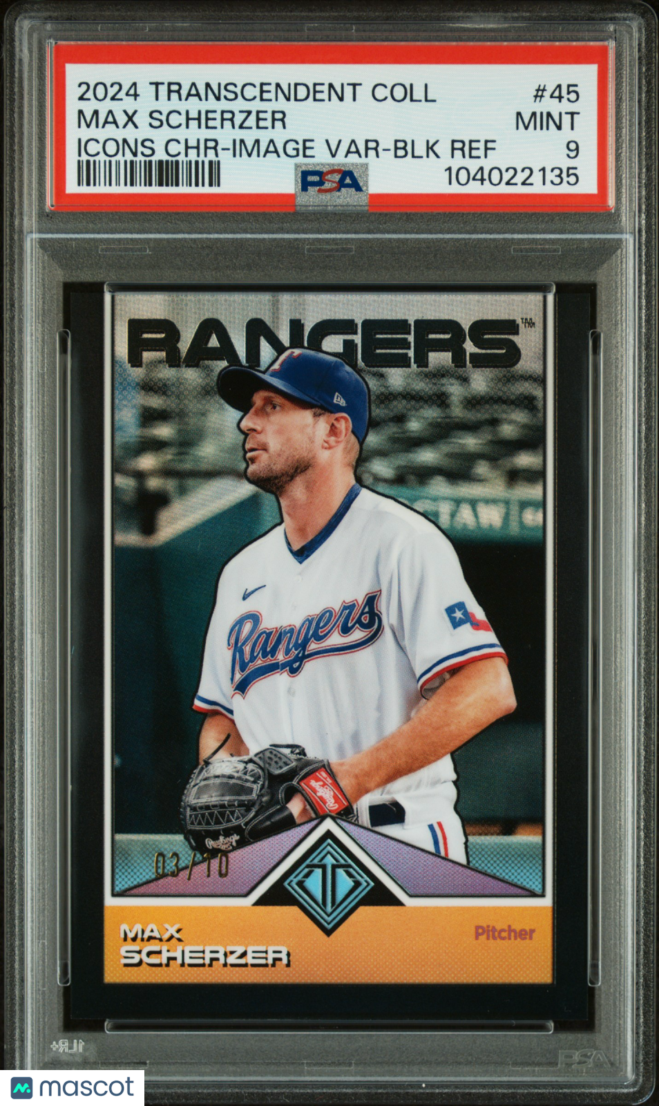 front-watermark-V2_a4aedeeb-fd87-4ec1-a419-2ce7d3a59907 2024 Topps Transcendent Collection Transcendent Icons Chrome Max Scherzer #45 PSA 9 - Image 1