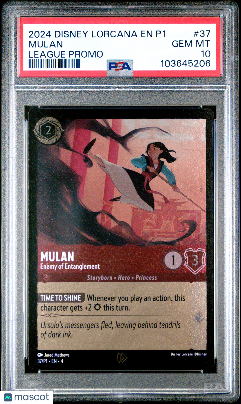 front-watermark-V2_a670489b-efb6-44d7-b178-ef7052f6a0d6 Disney Lorcana TCG Mulan #37 League Promo PSA 10 - Image 1