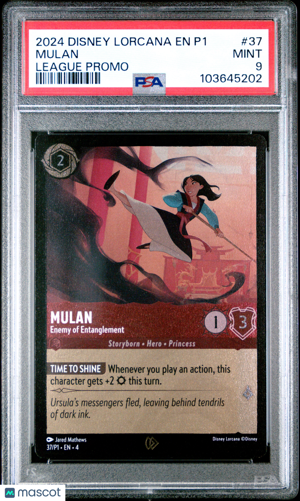 front-watermark-V2_af934091-9bc7-437f-ba2f-ff046e3a01dd Disney Lorcana TCG Mulan #37 League Promo PSA 9 - Image 1