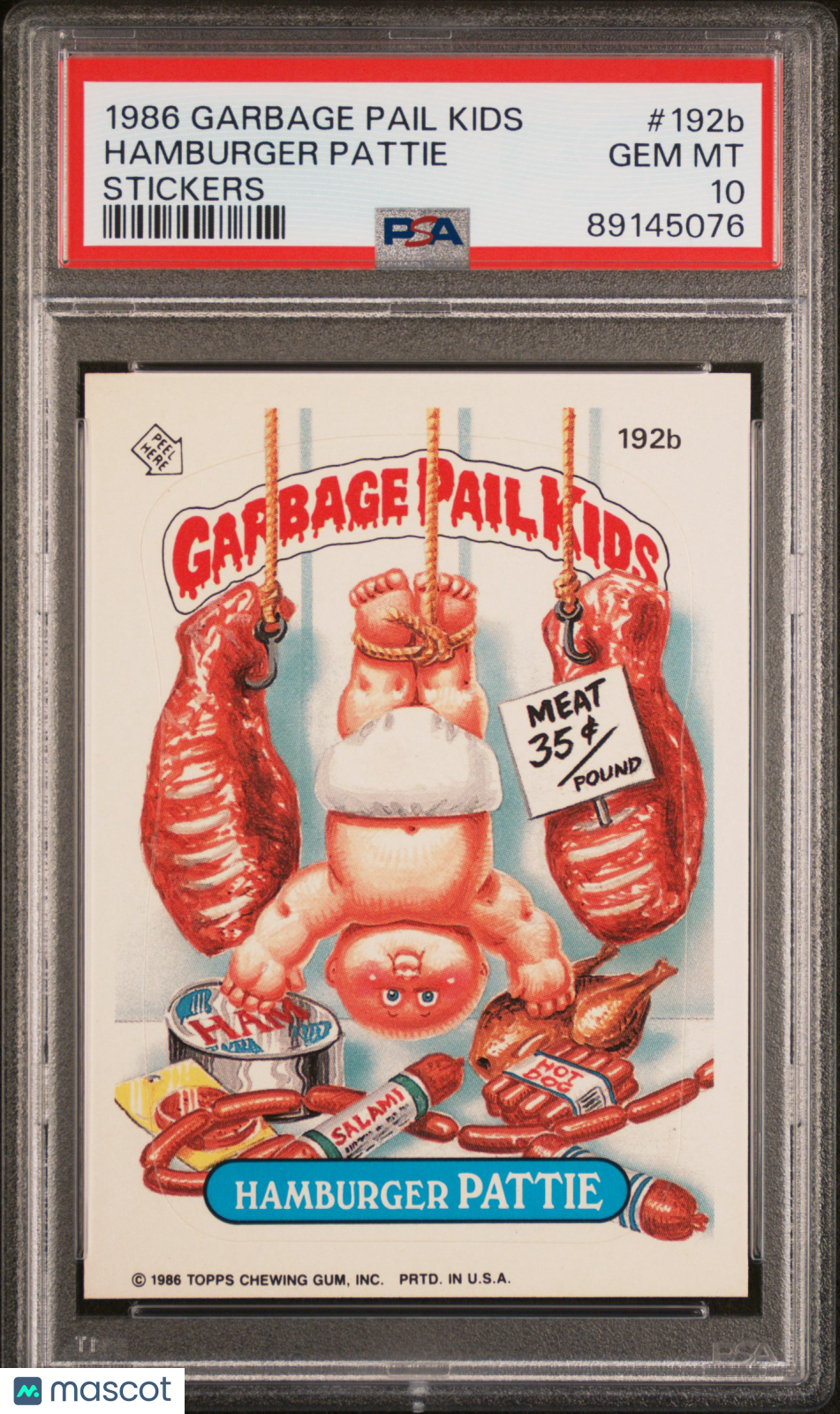front-watermark-V2_b18426db-ee6e-483a-9c49-f7174a3b9907 1986 Garbage Pail Kids Stickers Hamburger Pattie #192b PSA 10 - Image 1