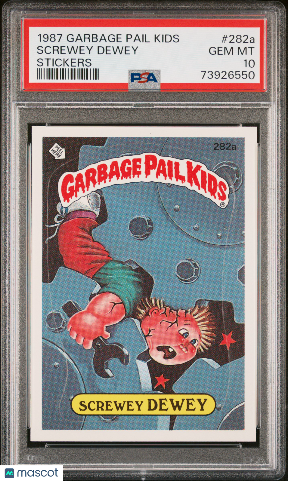 front-watermark-V2_c546d35a-7641-4bc7-820c-cd28b0ccca70 1987 Garbage Pail Kids Stickers Screwey Dewey #282a PSA 10 - Image 1