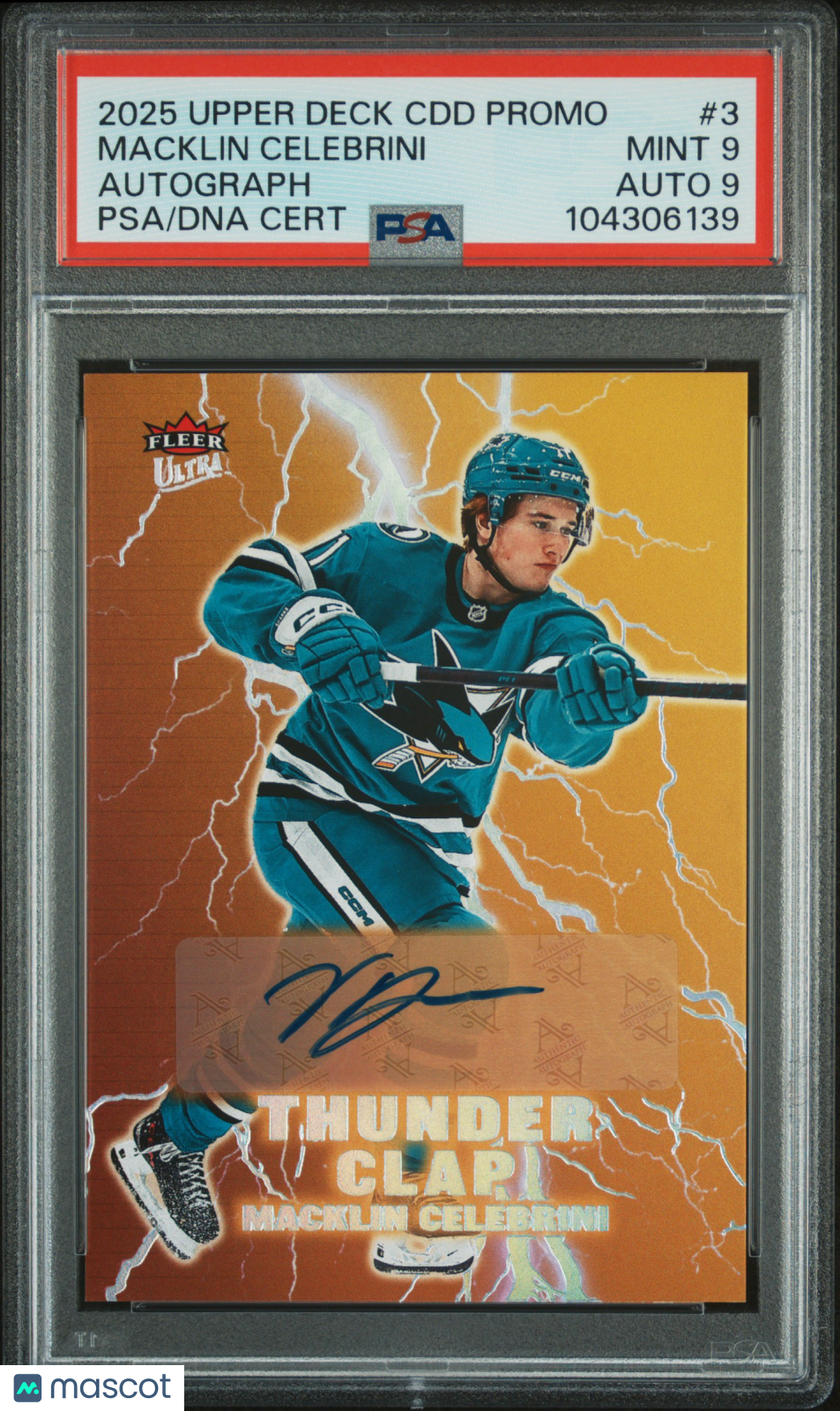 front-watermark-V2_c85def4b-a9da-4a0f-8c06-43cfb17425ed 2025 Upper Deck Certified Diamond Dealer Promos Macklin Celebrini #3 PSA 9 - Image 1