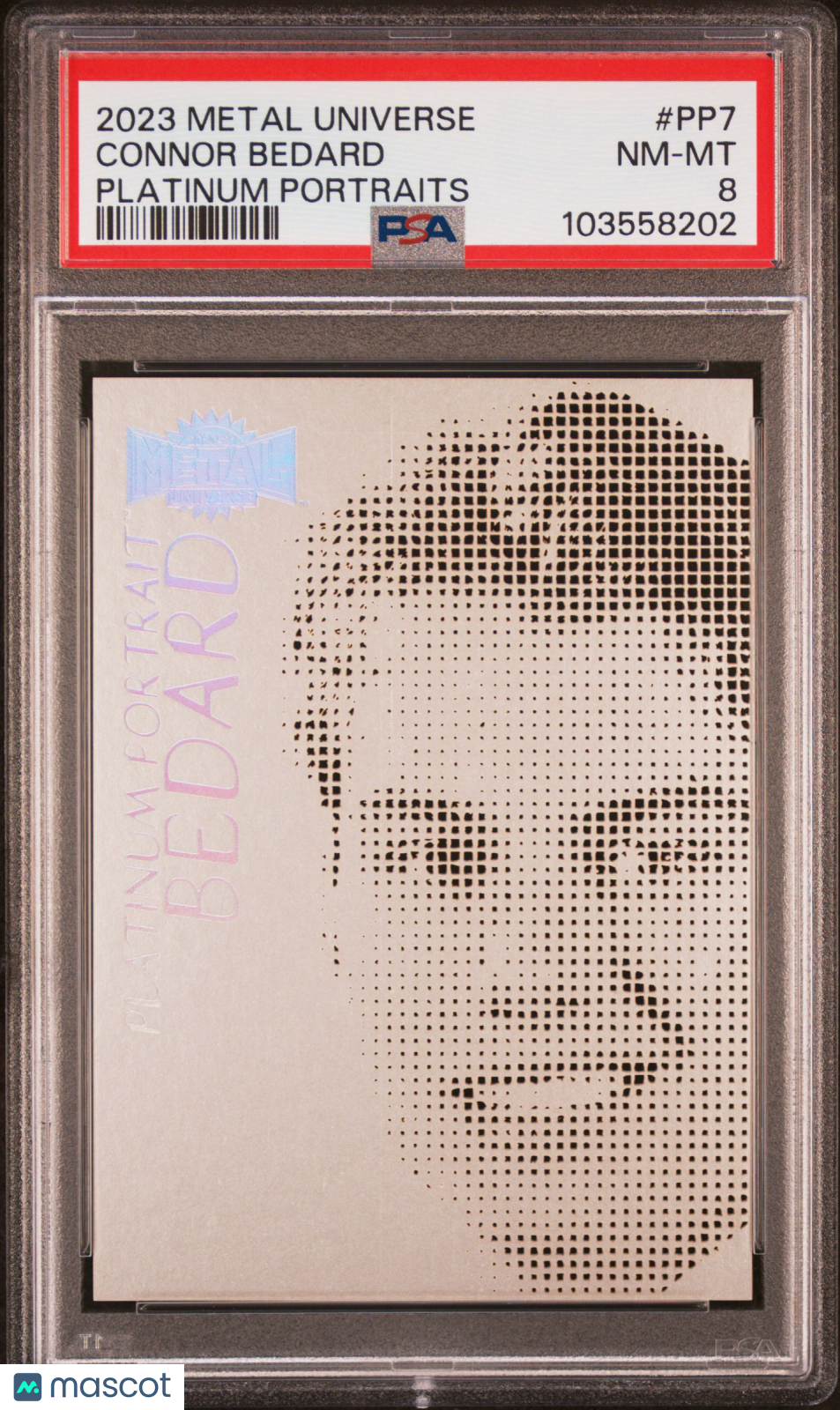 front-watermark-V2_cc9bd04a-28d1-48ee-aa84-69a6aa83b93d 2023 Upper Deck Metal Universe Platinum Portraits Connor Bedard #PP7 PSA 8 - Image 1