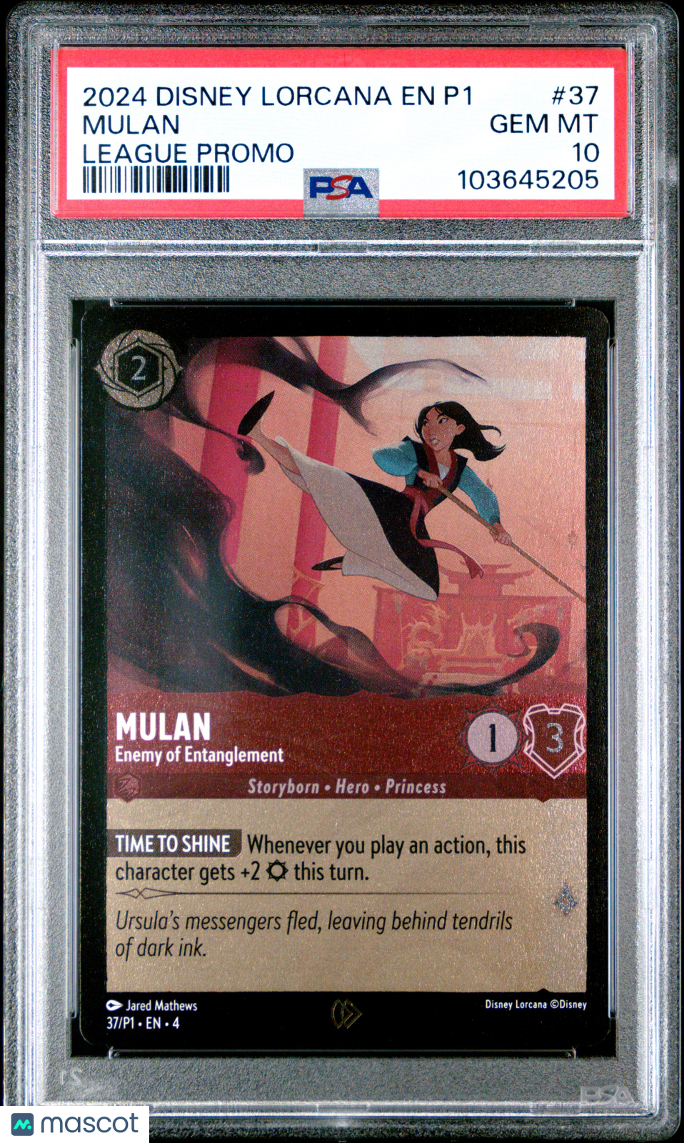 front-watermark-V2_d718ba98-55af-4b1a-b537-790fc35fe1fd Disney Lorcana TCG Mulan #37 League Promo PSA 10 - Image 1