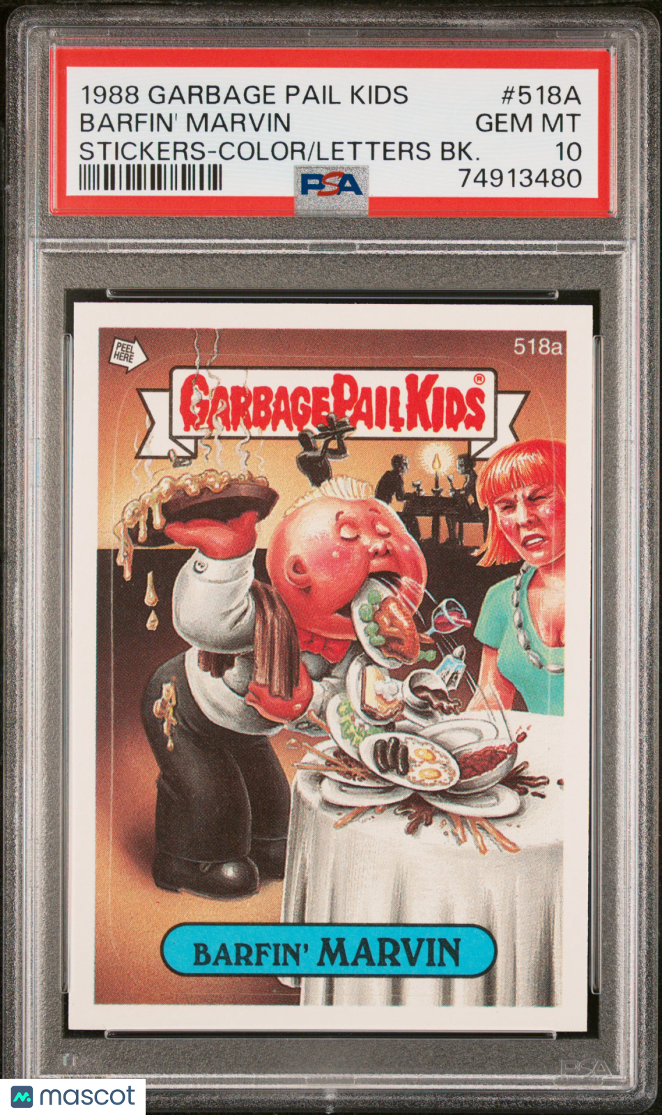 front-watermark-V2_dce45037-aa53-4dfb-b0c5-4a9976278051 1988 Garbage Pail Kids Stickers Barfin' Marvin #518a PSA 10 - Image 1