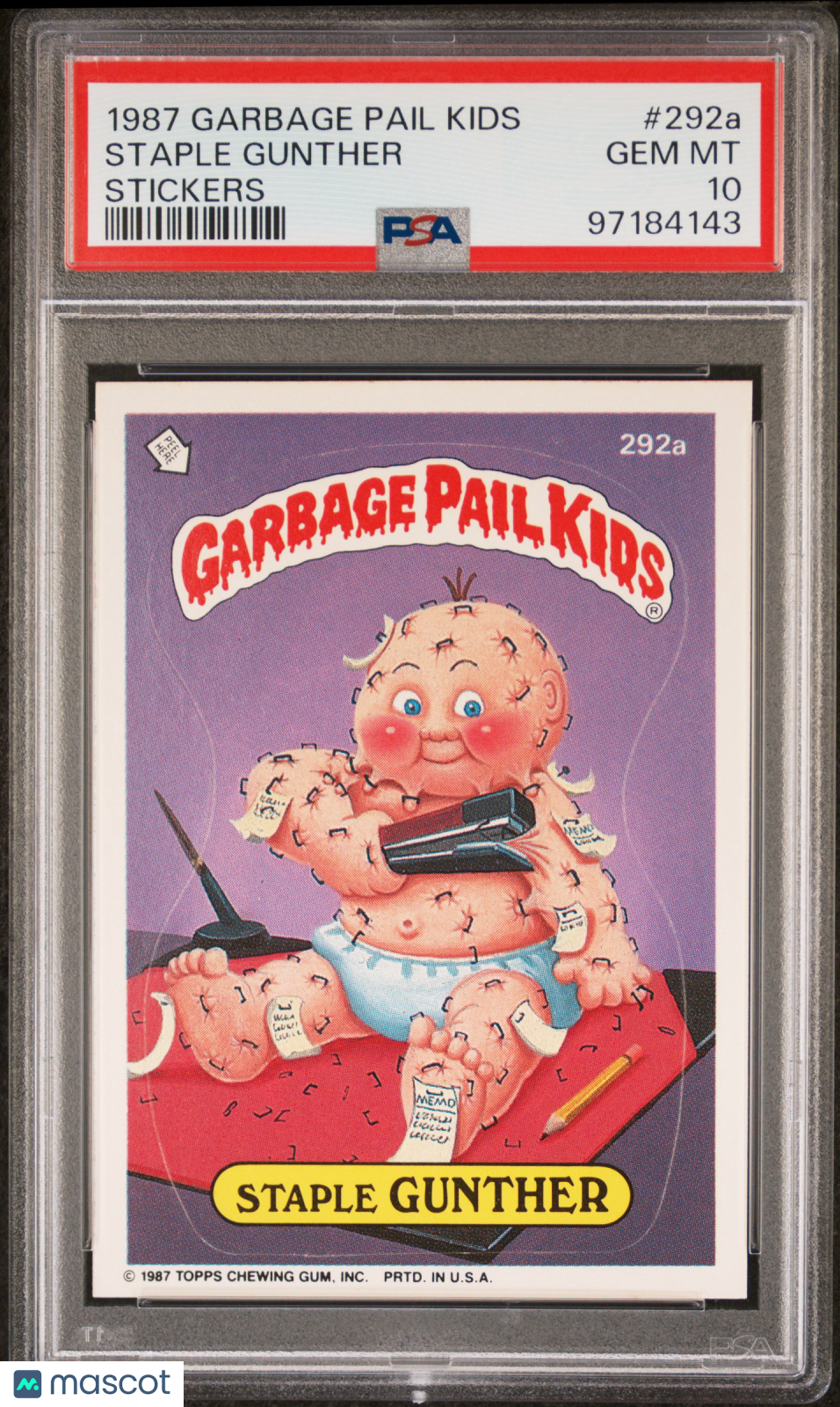 front-watermark-V2_e7e5045e-62b3-4ad6-a398-380e1819dccd 1987 Garbage Pail Kids Stickers Staple Gunther #292a PSA 10 - Image 1