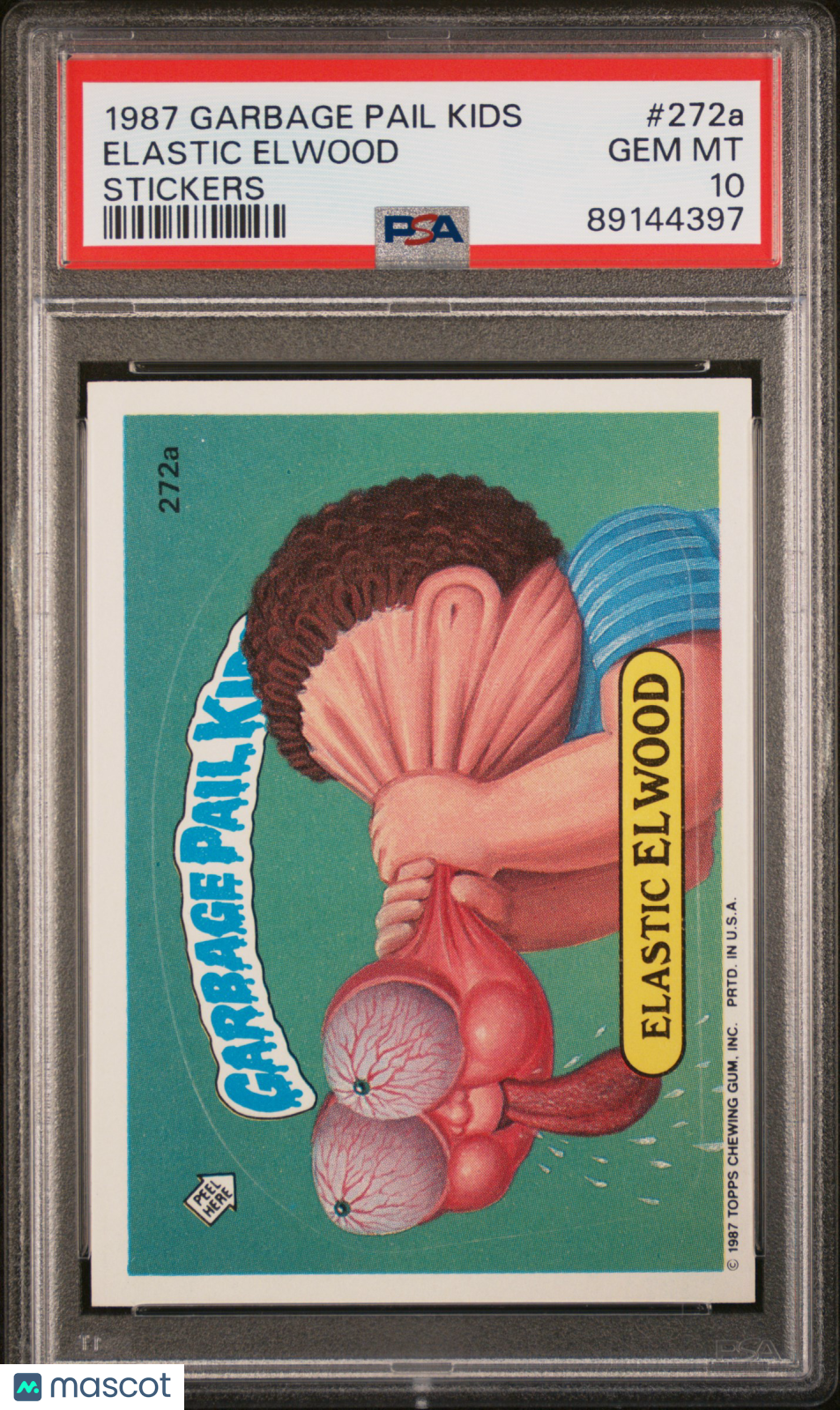 front-watermark-V2_ed2928df-c3bb-449b-8190-f3cfb04829f3 1987 Garbage Pail Kids Stickers Elastic Elwood #272a PSA 10 - Image 1