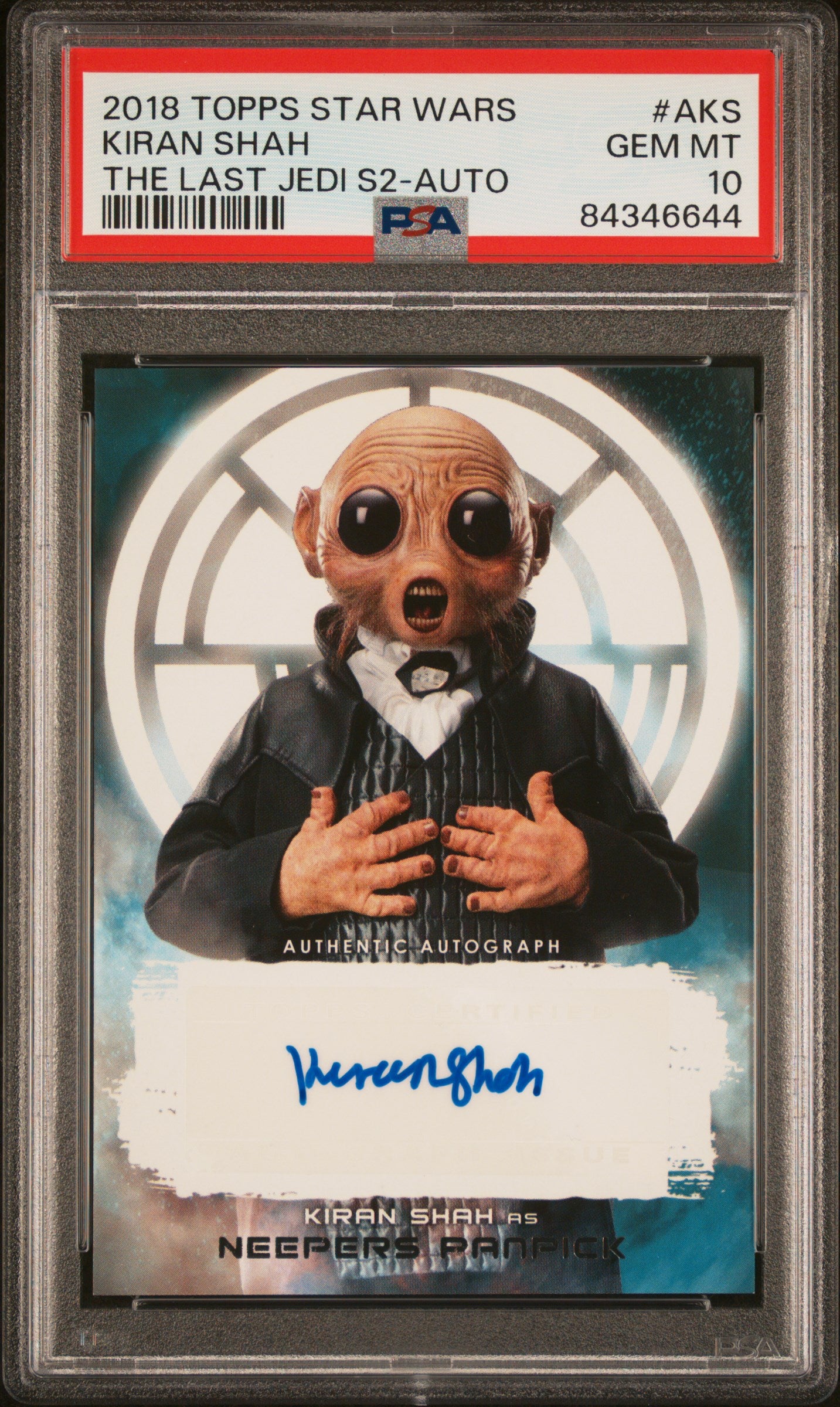 front_6e150155-d64e-40b3-bccc-14bedbea1b2b 2018 Topps Star Wars The Last Jedi Series 2-Autograph Kiran Shah #AKS PSA 10 - Image 1