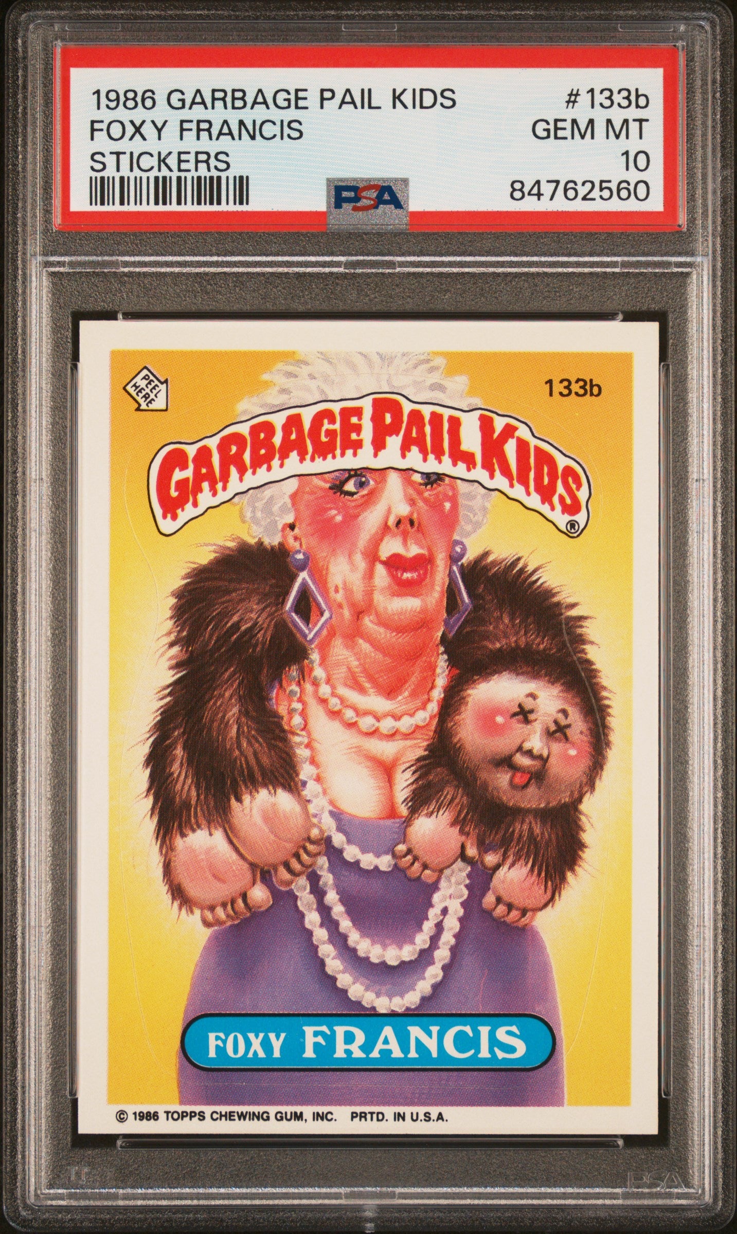 front_c6fa69a2-b521-4278-908a-1fa35c8ddc34 1986 Garbage Pail Kids Stickers Foxy Francis #133b PSA 10 - Image 1